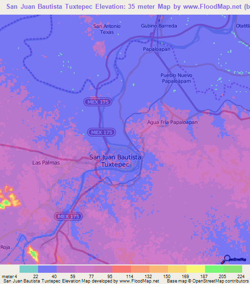 San Juan Bautista Tuxtepec,Mexico Elevation Map