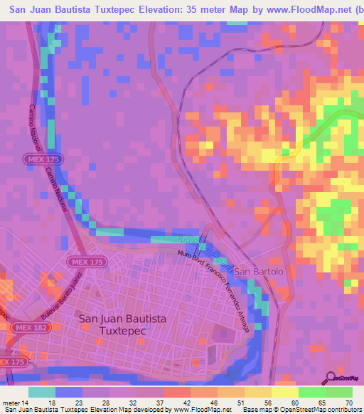 San Juan Bautista Tuxtepec,Mexico Elevation Map