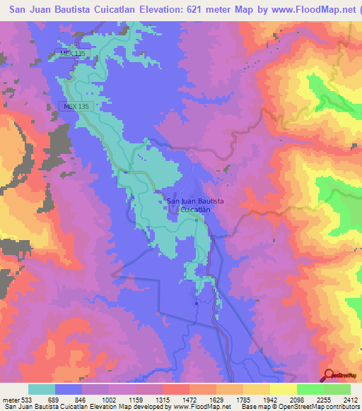 San Juan Bautista Cuicatlan,Mexico Elevation Map