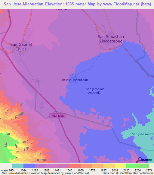 San Jose Miahuatlan,Mexico Elevation Map