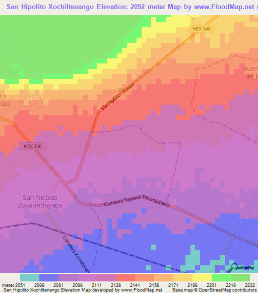 San Hipolito Xochiltenango,Mexico Elevation Map