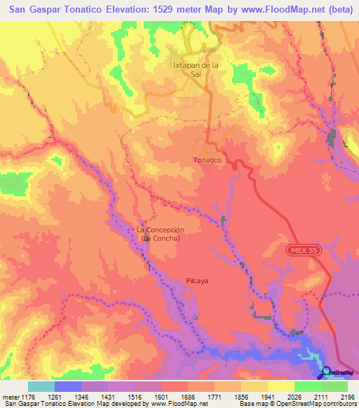 San Gaspar Tonatico,Mexico Elevation Map