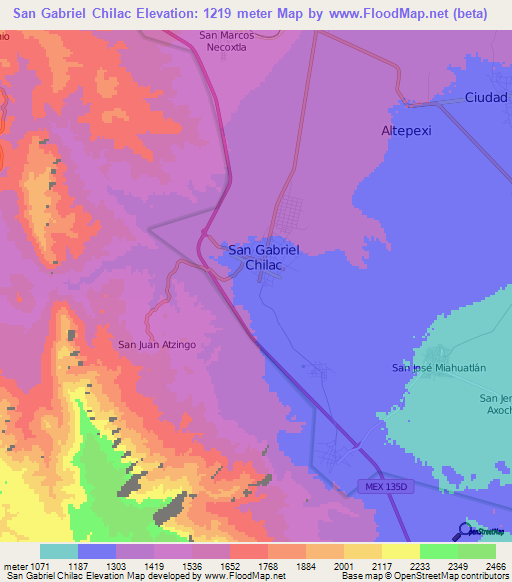 San Gabriel Chilac,Mexico Elevation Map