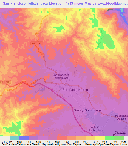 San Francisco Telixtlahuaca,Mexico Elevation Map