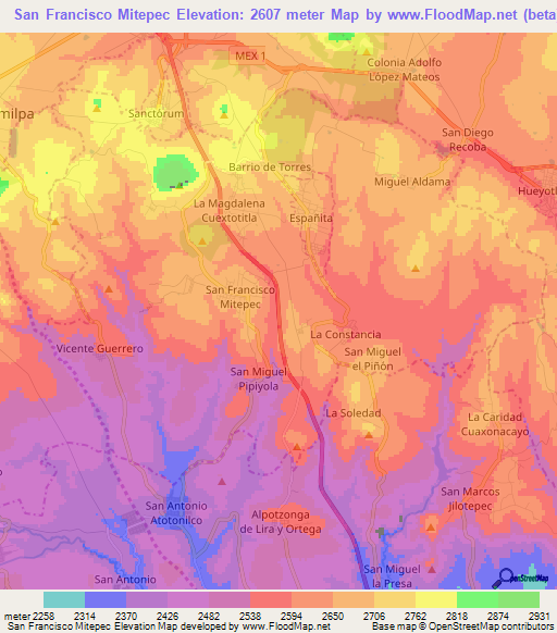 San Francisco Mitepec,Mexico Elevation Map