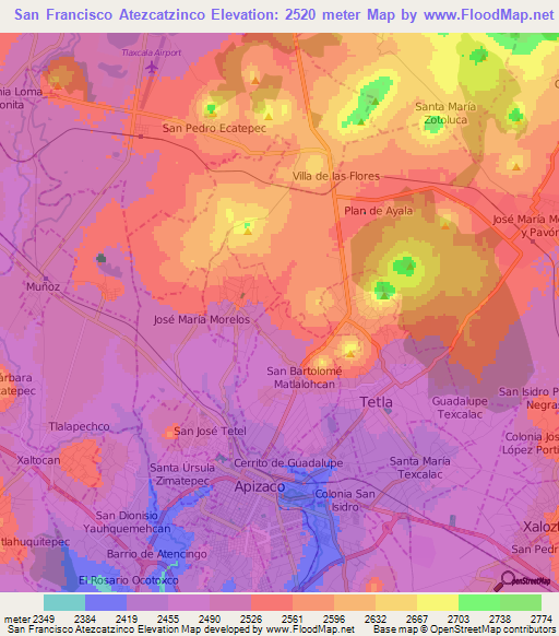 San Francisco Atezcatzinco,Mexico Elevation Map