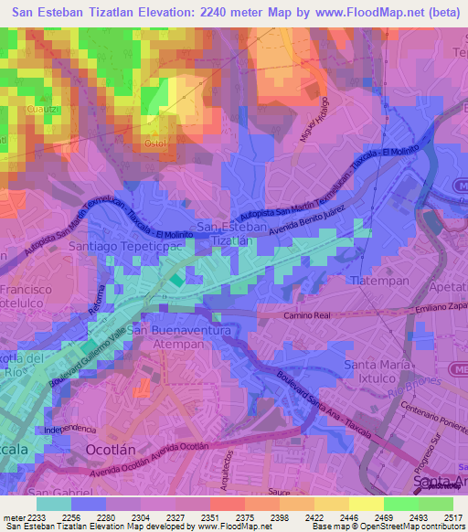 San Esteban Tizatlan,Mexico Elevation Map