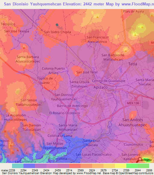 San Dionisio Yauhquemehcan,Mexico Elevation Map