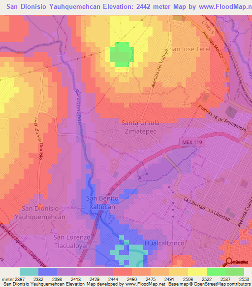 San Dionisio Yauhquemehcan,Mexico Elevation Map