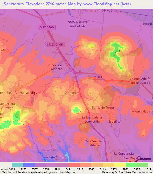 Sanctorum,Mexico Elevation Map