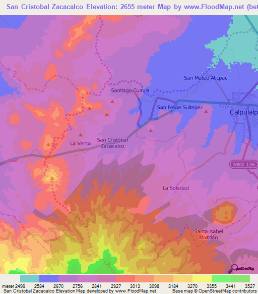 San Cristobal Zacacalco,Mexico Elevation Map