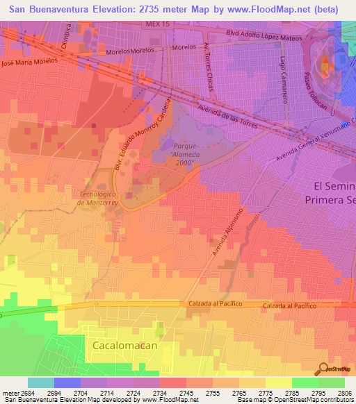 San Buenaventura,Mexico Elevation Map