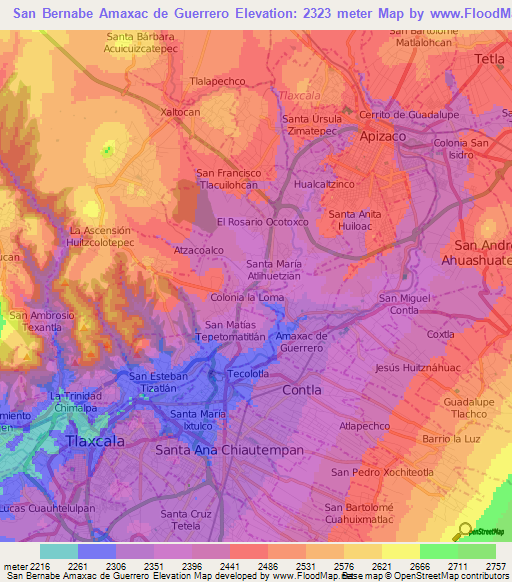 San Bernabe Amaxac de Guerrero,Mexico Elevation Map