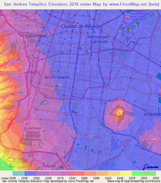 San Andres Tetepilco,Mexico Elevation Map