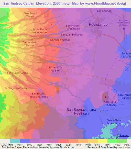 San Andres Calpan,Mexico Elevation Map