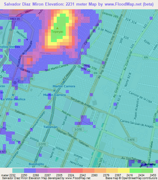 Salvador Diaz Miron,Mexico Elevation Map