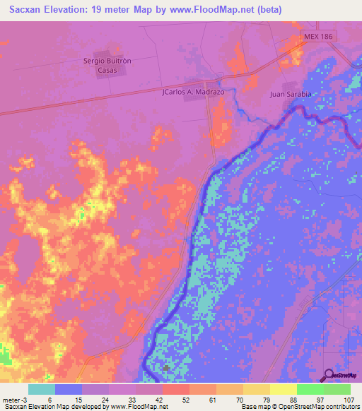 Sacxan,Mexico Elevation Map