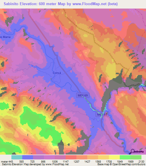 Sabinito,Mexico Elevation Map