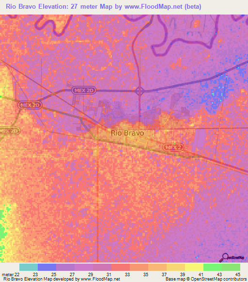 Rio Bravo,Mexico Elevation Map