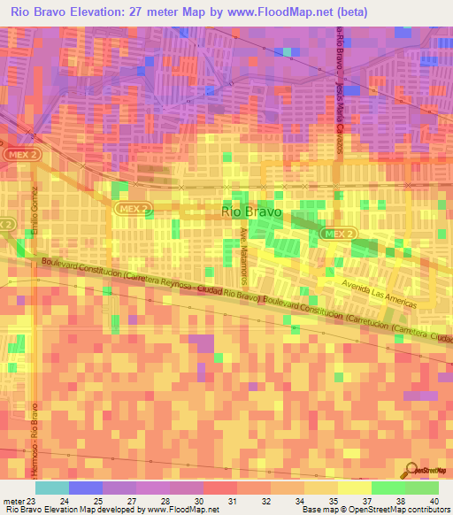 Rio Bravo,Mexico Elevation Map