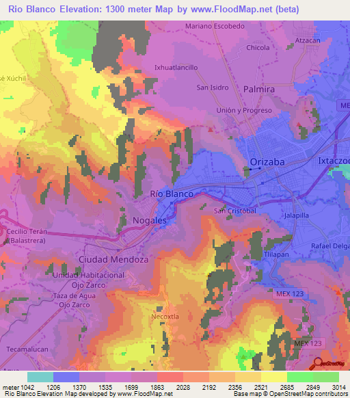 Rio Blanco,Mexico Elevation Map