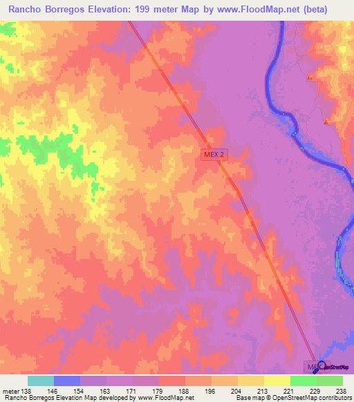 Rancho Borregos,Mexico Elevation Map