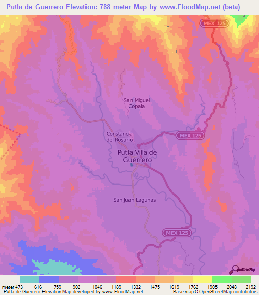 Putla de Guerrero,Mexico Elevation Map