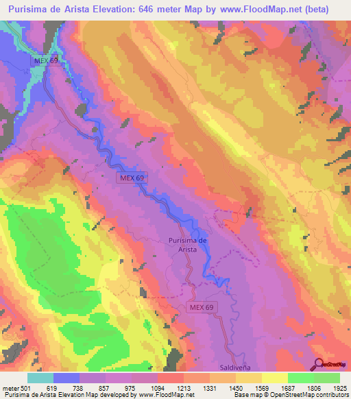 Purisima de Arista,Mexico Elevation Map