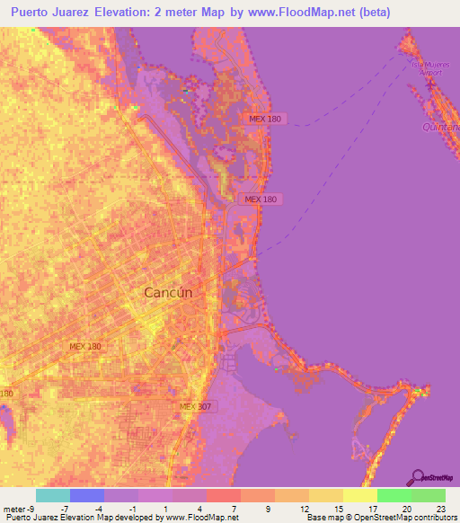 Puerto Juarez,Mexico Elevation Map