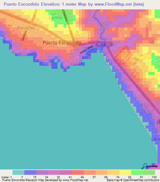 Puerto Escondido,Mexico Elevation Map