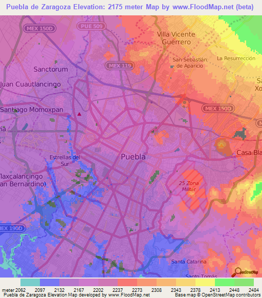 Puebla de Zaragoza,Mexico Elevation Map