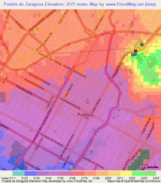 Puebla de Zaragoza,Mexico Elevation Map