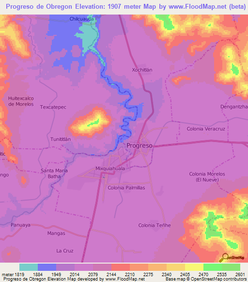 Progreso de Obregon,Mexico Elevation Map
