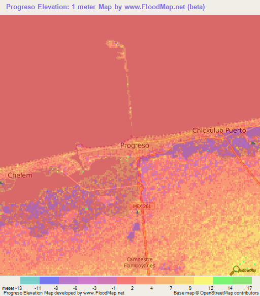 Progreso,Mexico Elevation Map