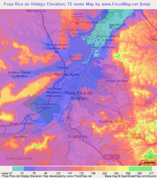 Poza Rica de Hidalgo,Mexico Elevation Map