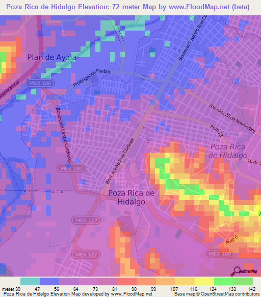 Poza Rica de Hidalgo,Mexico Elevation Map