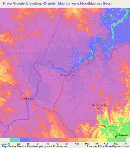 Playa Vicente,Mexico Elevation Map