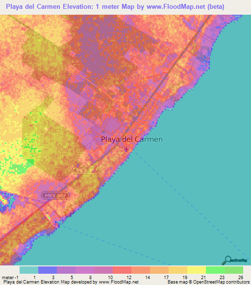 Playa del Carmen,Mexico Elevation Map