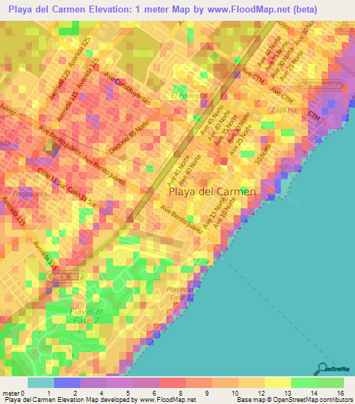 Playa del Carmen,Mexico Elevation Map