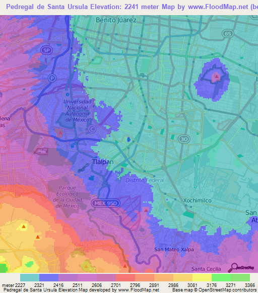 Pedregal de Santa Ursula,Mexico Elevation Map