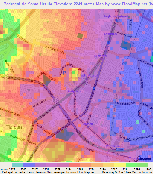 Pedregal de Santa Ursula,Mexico Elevation Map
