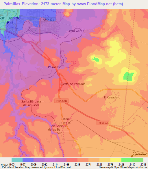 Palmillas,Mexico Elevation Map