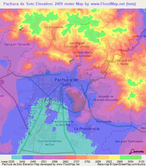 Pachuca de Soto,Mexico Elevation Map