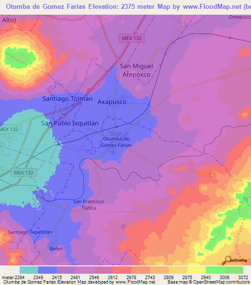 Otumba de Gomez Farias,Mexico Elevation Map