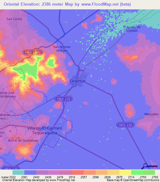 Oriental,Mexico Elevation Map