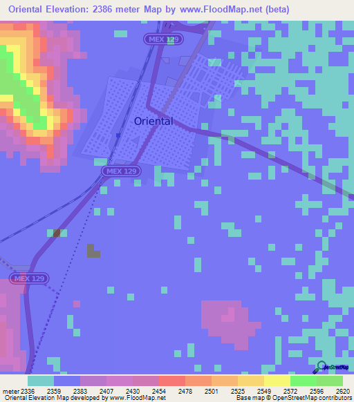 Oriental,Mexico Elevation Map