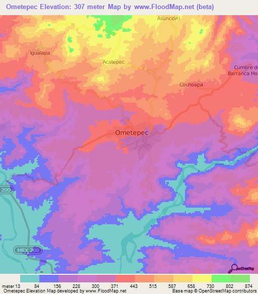 Ometepec,Mexico Elevation Map