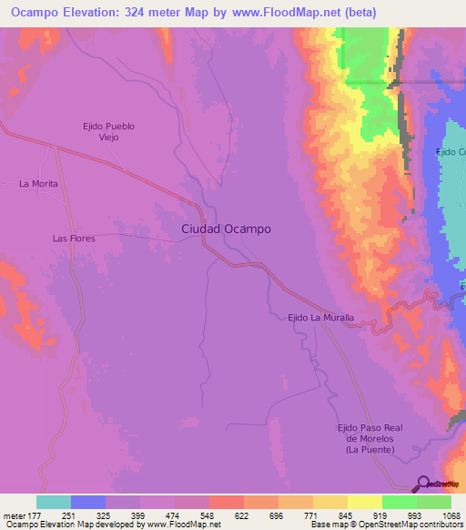 Ocampo,Mexico Elevation Map