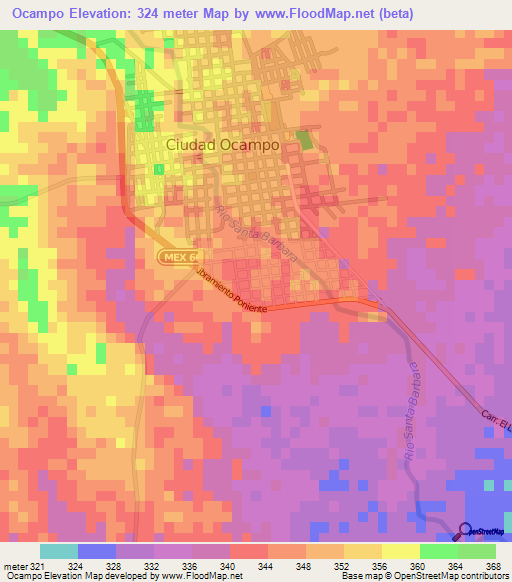 Ocampo,Mexico Elevation Map