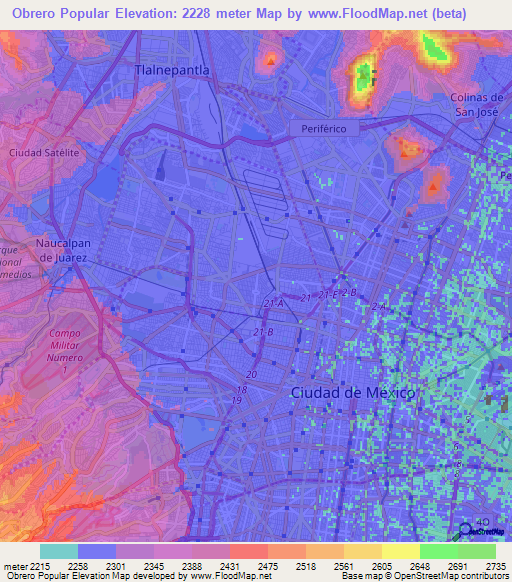 Obrero Popular,Mexico Elevation Map